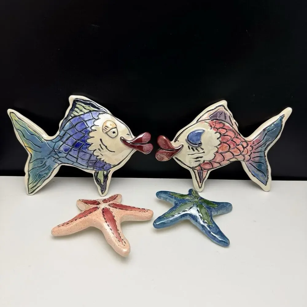 Blue Sky Clayworks Heather Goldminc Blue & Pink Kissy Fish & Starfish Wall Decor